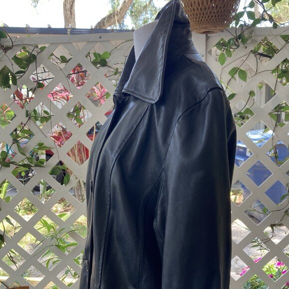 Vintage Wilsons Leather Jacket Black Trench Over Coat Big Collar Chevron Lined L - Picture 4 of 16